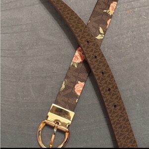 Michael Kors Brown Floral Belt with Gold Buckle reversible with MK logos
